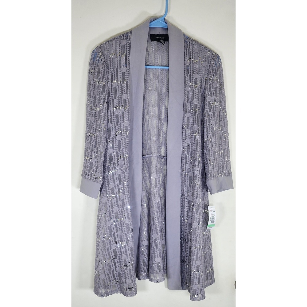 R&M Richards Womens Silver Sequin Lace Open Front Duster Jacket Size 8 NWT